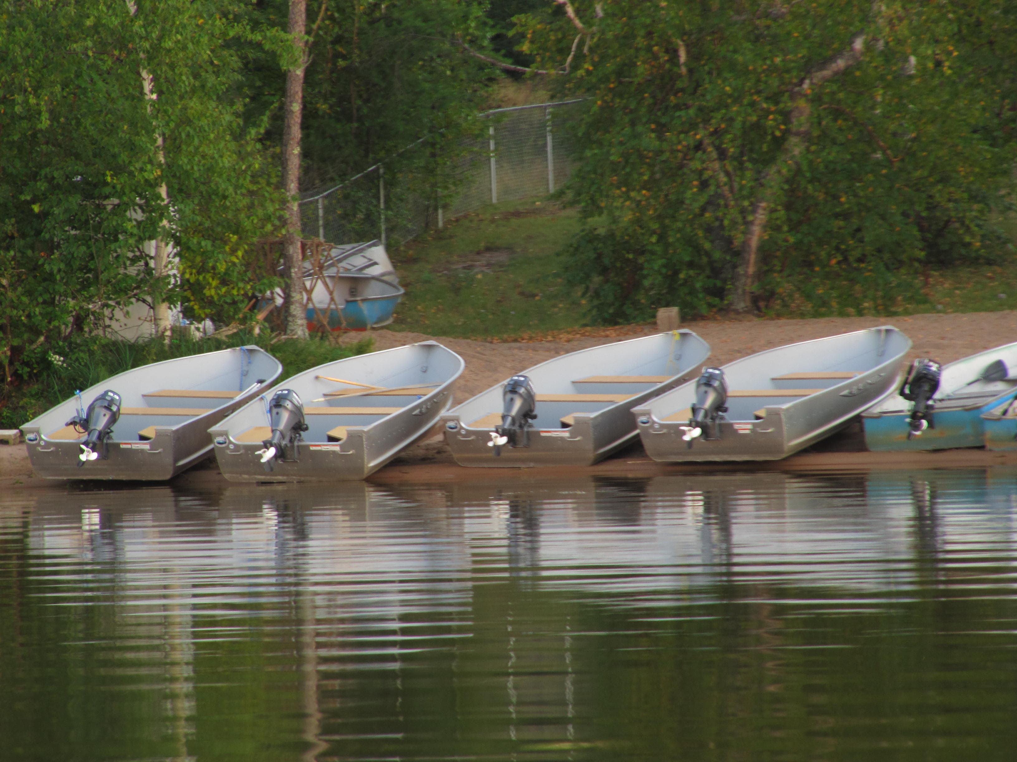 Four 14-foot Lund fishing boats lined up on the shoreline